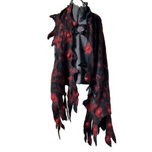 Handmade Scarf Shawl Felted Wool Wearable Art Red Black 92"Reversible Whimsigoth